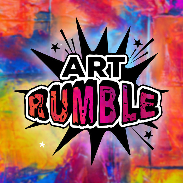 Art Rumble text and logo starburst over a colorful painting