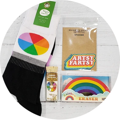 Color wheel socks, a rainbow eraser, color wheel necklace and stickers
