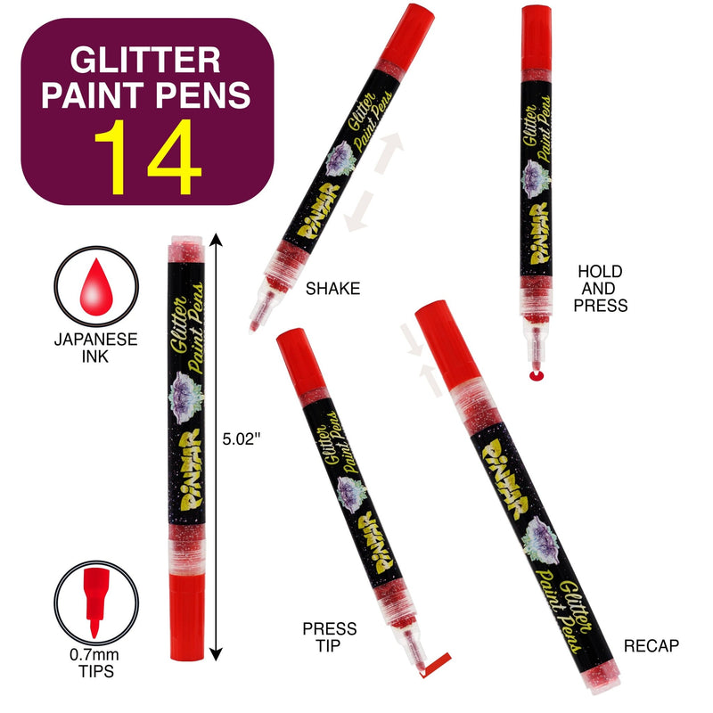 Pintar Glitter Paint Pens 14 Pack, Extra Fine Tip 0.7mm - Art Department LLC
