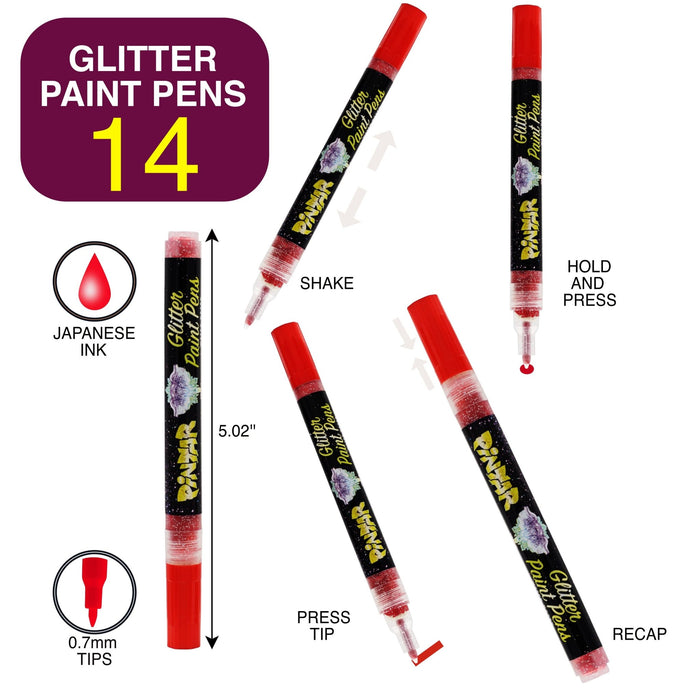 Pintar Glitter Paint Pens 14 Pack, Extra Fine Tip 0.7mm - Art Department LLC