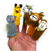 Knitted finger puppets of various animals held on a hand against a white background