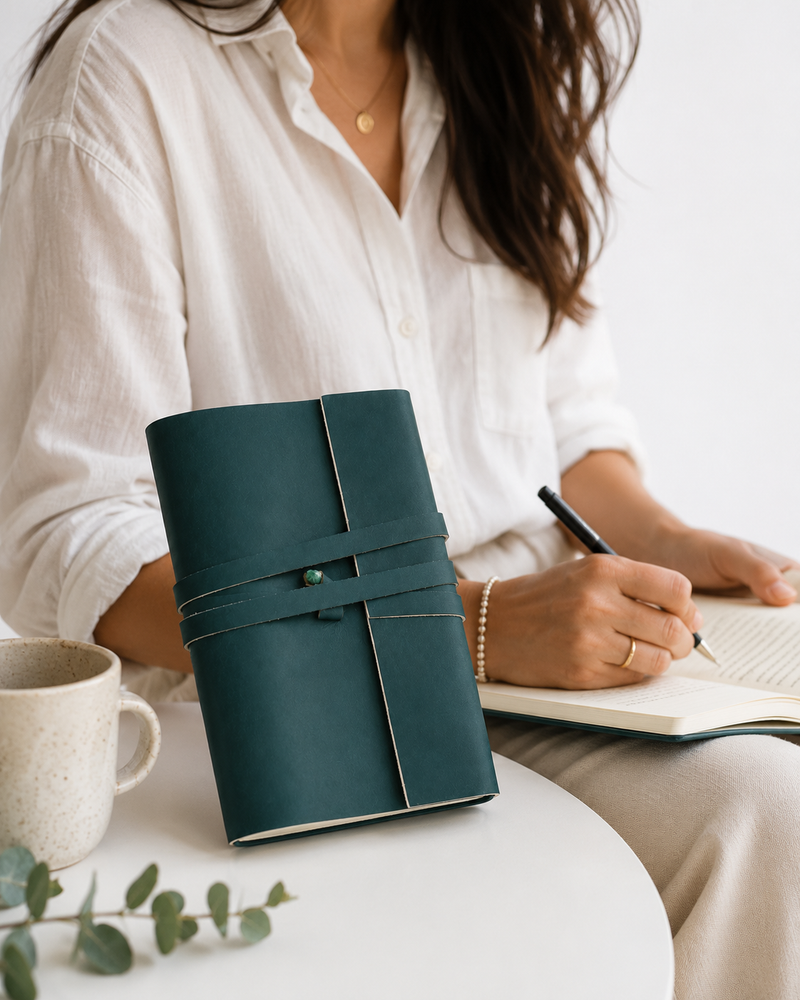 Handmade Green Leather Journal, 7 x 5 Inch - Unlined