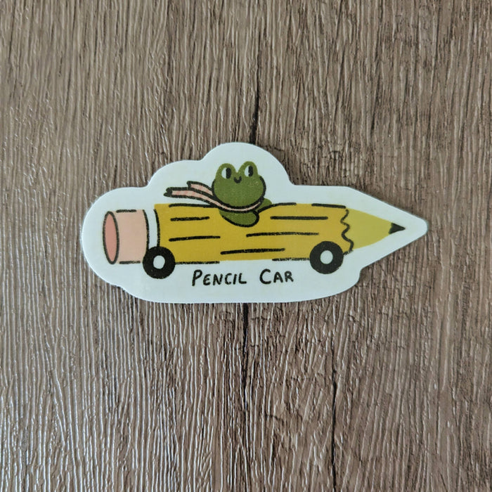 Frog in a Pencil Car - Cute Vinyl Sticker