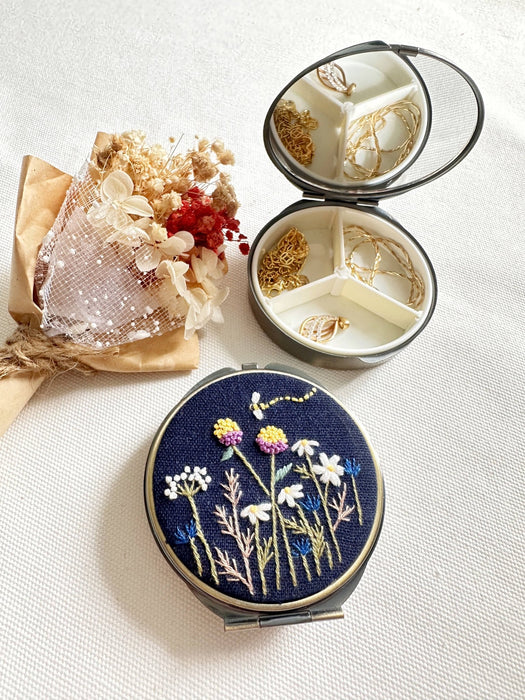 Floral Embroidered Round Jewelry Box With Mirror - Art Department LLC