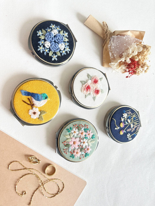 Floral Embroidered Round Jewelry Box With Mirror - Art Department LLC