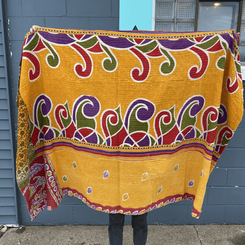 Kantha Throw Blanket Quilt | Recycled Cotton Sari Unique - Art Department LLC
