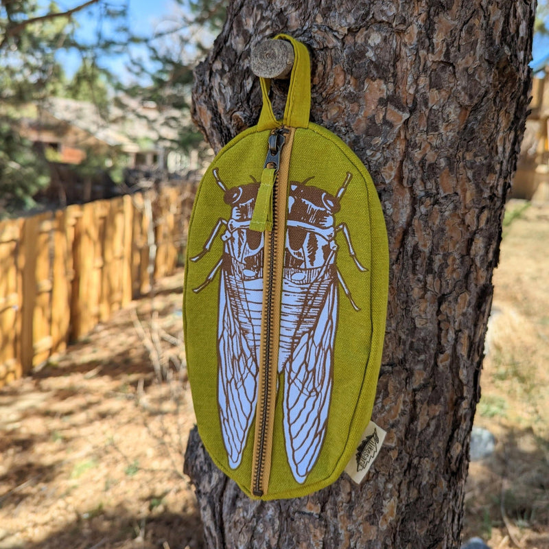 Zippered pouch | cicada - yellow & brown bug/insect pencil, supply, makeup bag with waterproof lining - Art Department LLC