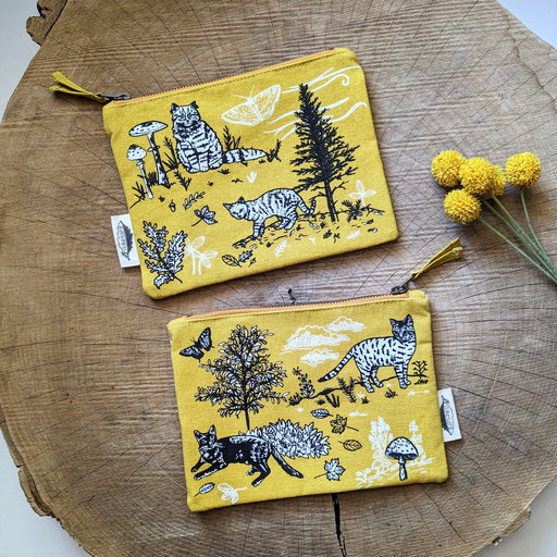 Outside cats - yellow pencil pouch, art supply bag with waterproof lining - Art Department LLC