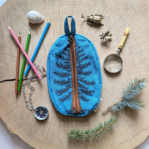 Zippered pouch | eastern white pine - blue tree/forest pencil, supply, makeup bag with waterproof lining - Art Department LLC