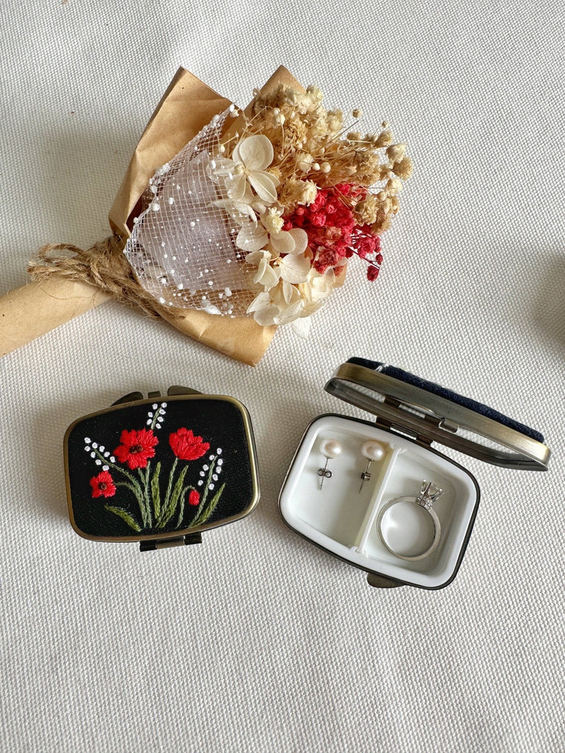 Floral Embroidered Rectangle Mini Jewelry Box With Mirror - Art Department LLC