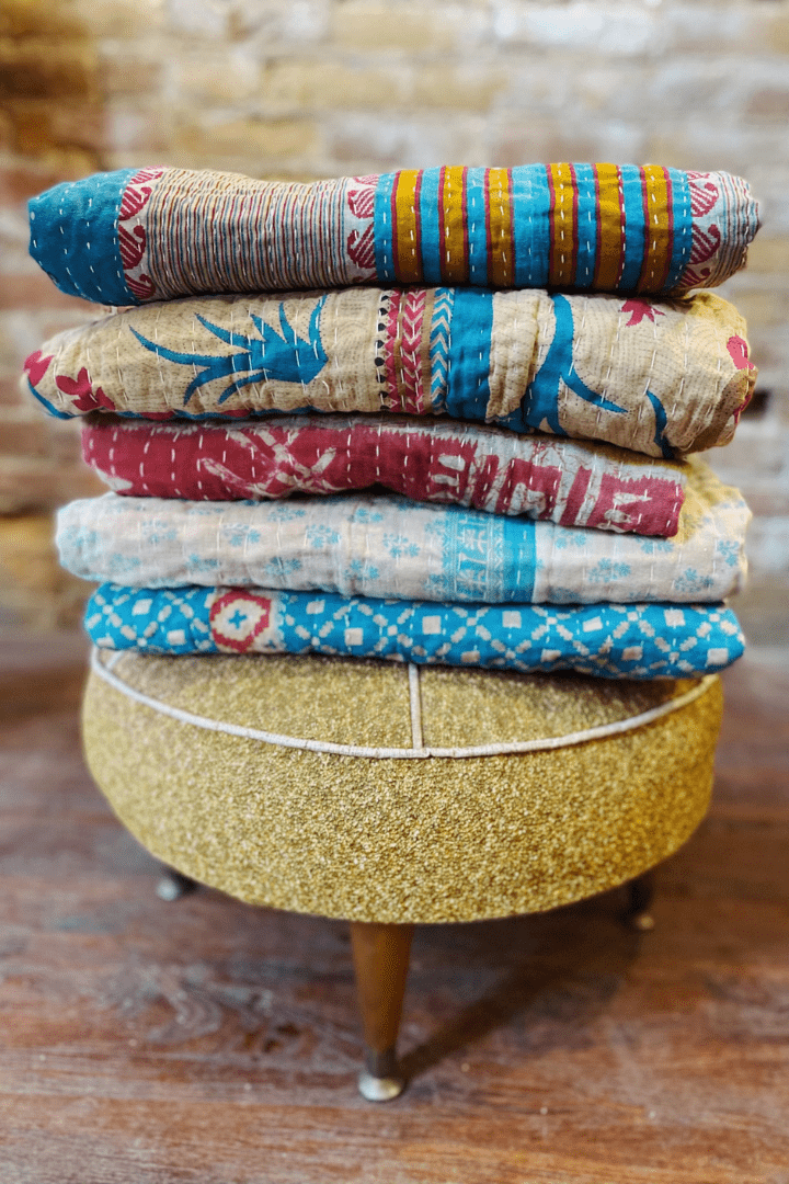 Kantha Throw Blanket Quilt | Recycled Cotton Sari Unique - Art Department LLC