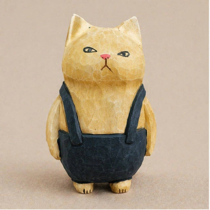 Hand-Carved & Painted Wood Cat Figurine
