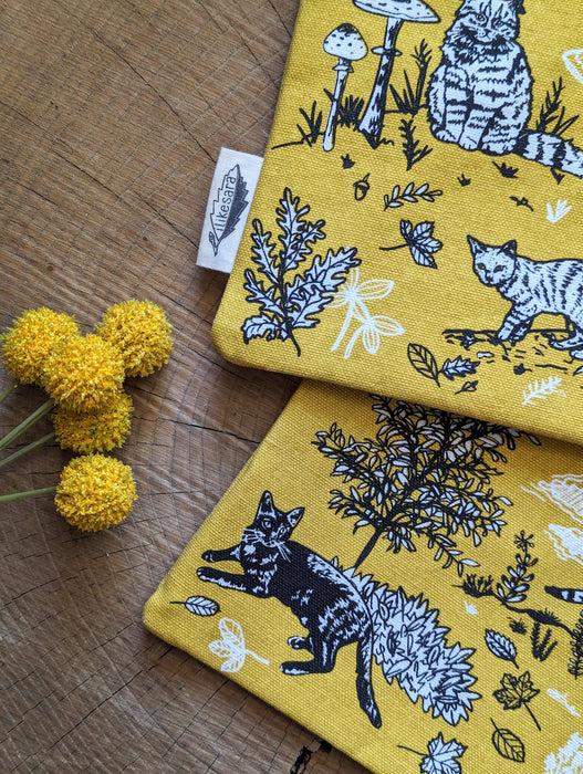 outside cats - yellow nature kitty pencil, supply bag with waterproof lining