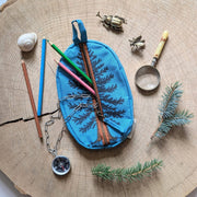 Zippered pouch | eastern white pine - blue tree/forest pencil, supply, makeup bag with waterproof lining - Art Department LLC