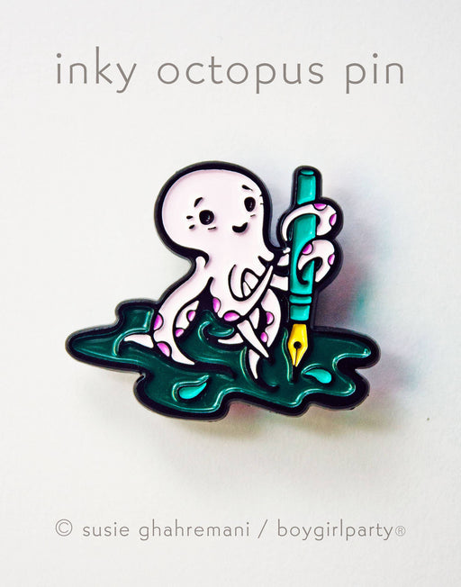 Enamel pin a octopus holding a ink pen
