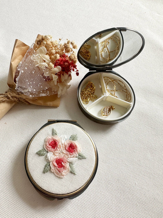 Floral Embroidered Round Jewelry Box With Mirror - Art Department LLC