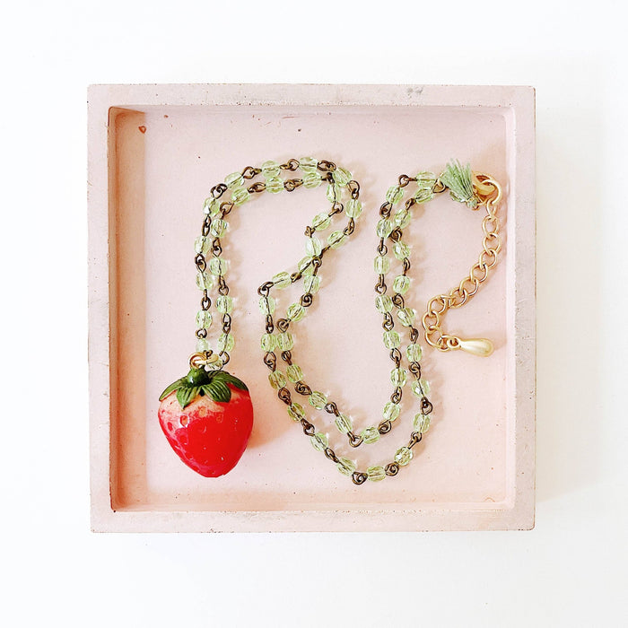 Strawberry Charm Necklace with Green Beads - Art Department LLC
