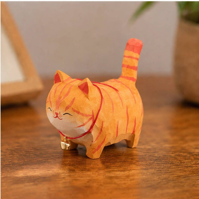 Hand-Carved Wooden Orange Cat Figurine with Bell