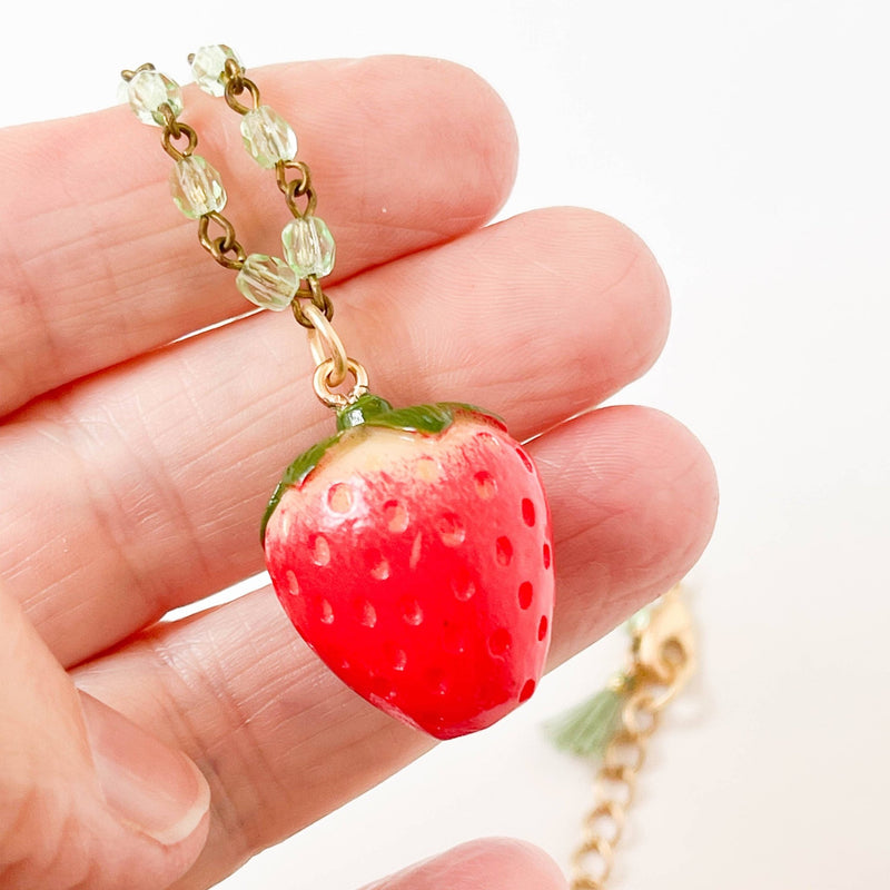 Strawberry Charm Necklace with Green Beads - Art Department LLC