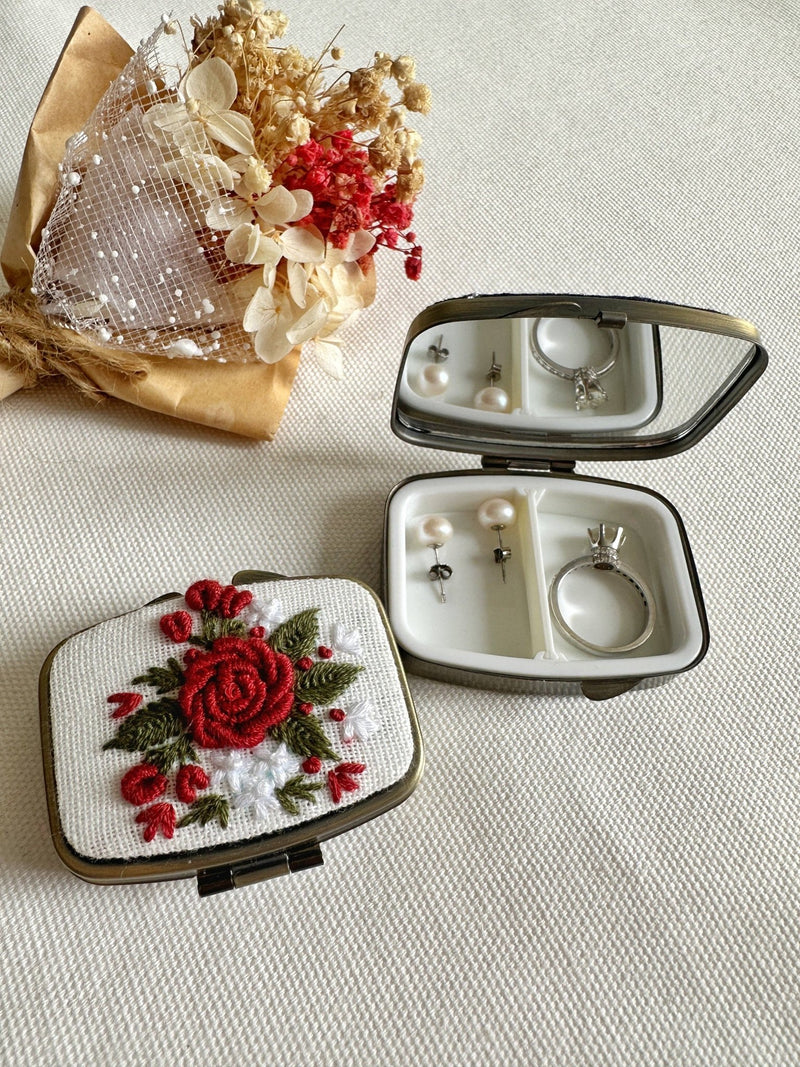 Floral Embroidered Rectangle Mini Jewelry Box With Mirror - Art Department LLC