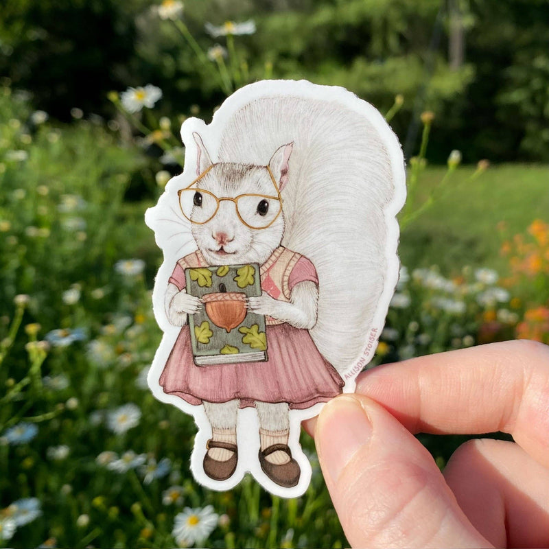 Bookish White Squirrel Weatherproof Vinyl Sticker - Art Department LLC