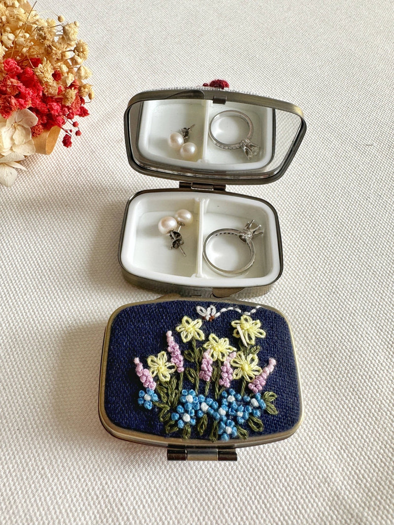 Floral Embroidered Rectangle Mini Jewelry Box With Mirror - Art Department LLC