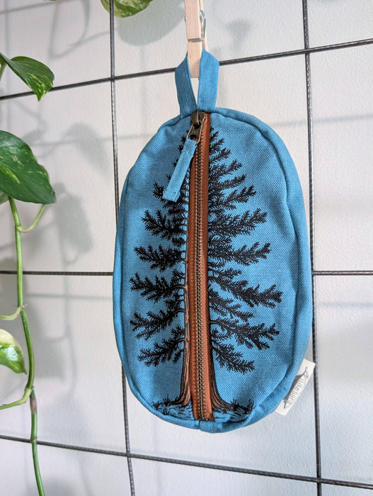 Zippered pouch | eastern white pine - blue tree/forest pencil, supply, makeup bag with waterproof lining