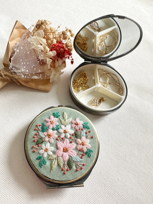 Floral Embroidered Round Jewelry Box With Mirror - Art Department LLC