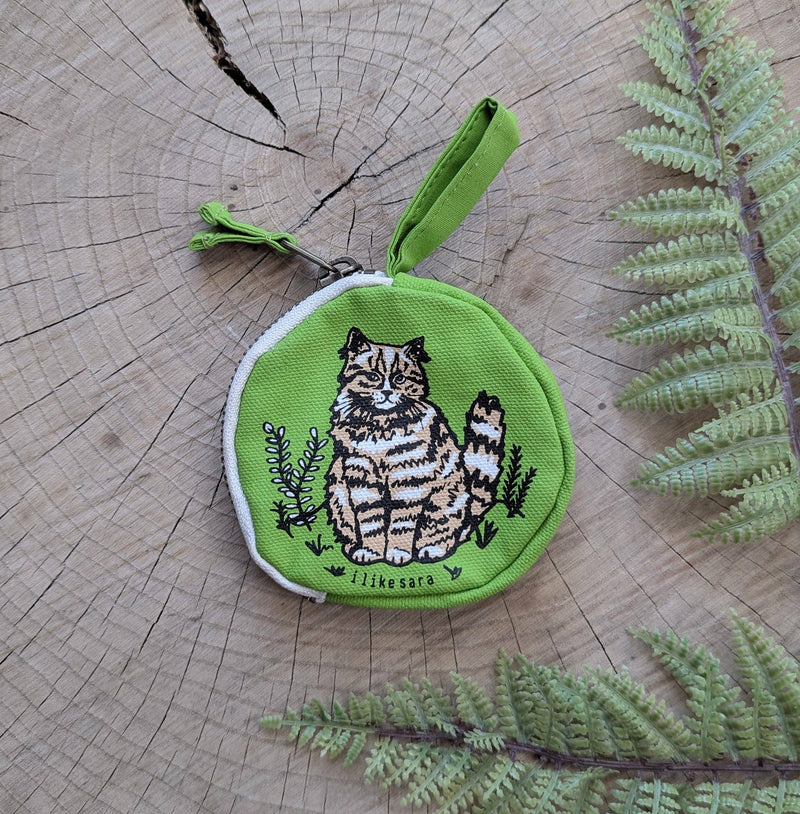 Coin pouch | cat - green zipper bag with waterproof lining - Art Department LLC