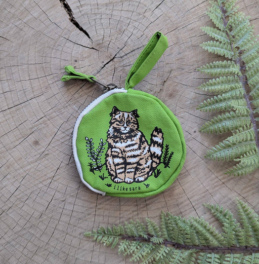 Coin pouch | cat - green zipper bag with waterproof lining - Art Department LLC