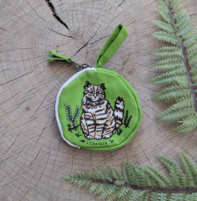 Coin pouch | cat - green zipper bag with waterproof lining