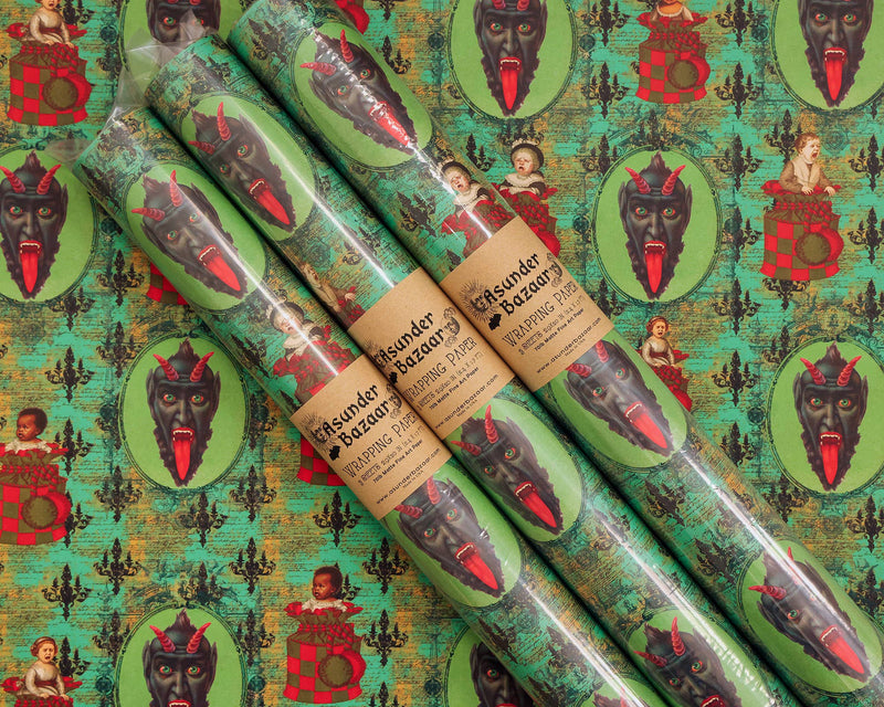 Krampus Children Collage Wrapping Paper Set 3 Sheet Roll - Art Department LLC