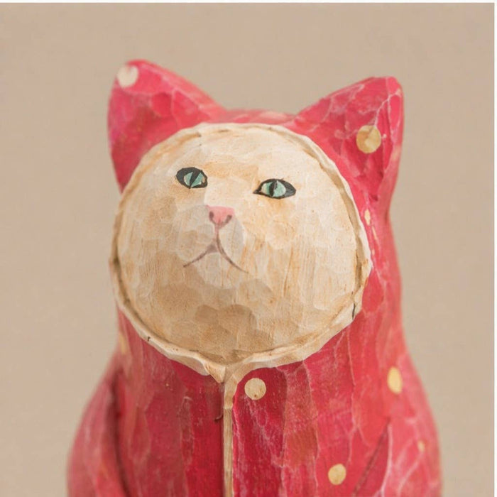 Hand-Carved & Painted Polka-dot Wood Cat Figurine