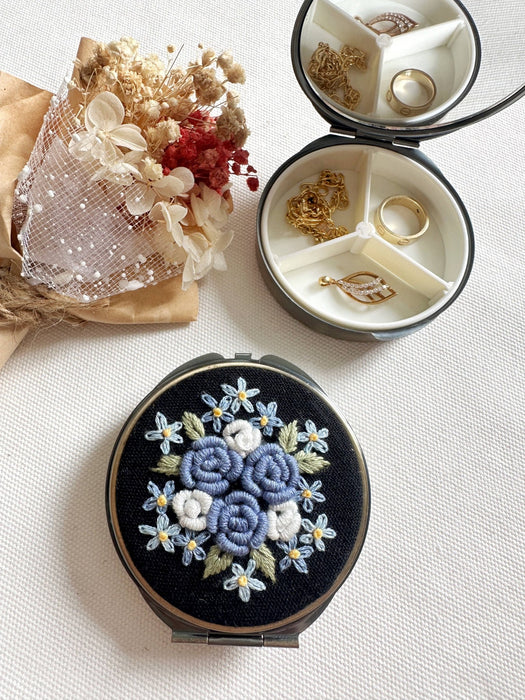 Floral Embroidered Round Jewelry Box With Mirror - Art Department LLC