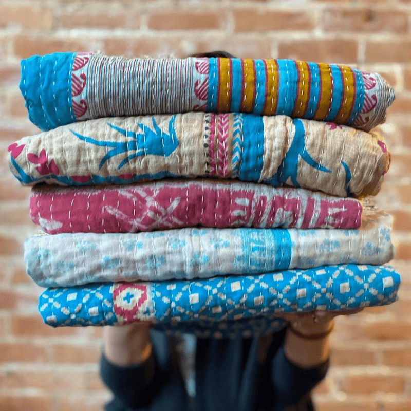 Kantha Throw Blanket Quilt | Recycled Cotton Sari Unique - Art Department LLC