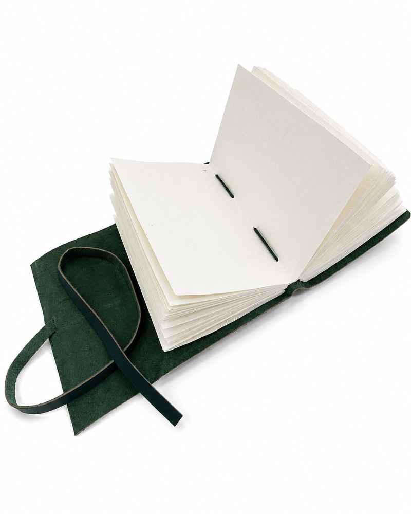 Handmade Green Leather Journal, 7 x 5 Inch - Unlined, open journal.