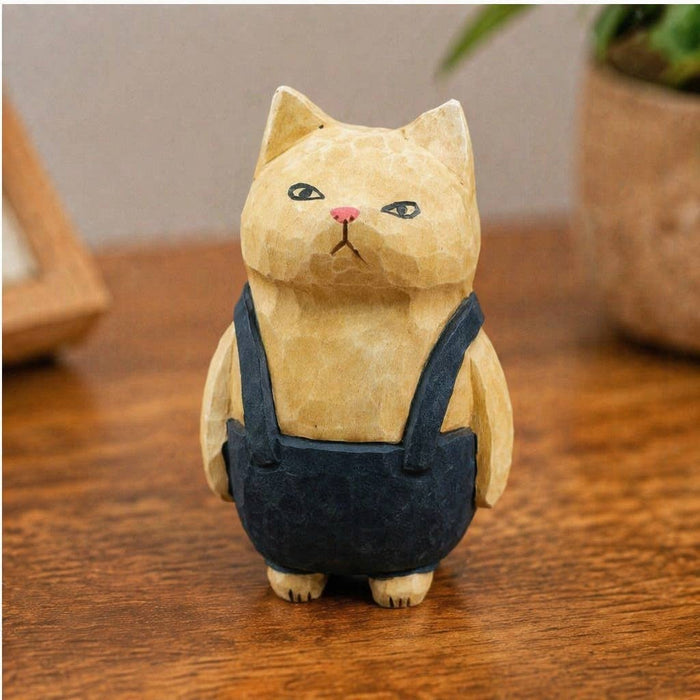 Hand-Carved & Painted Wood Cat Figurine