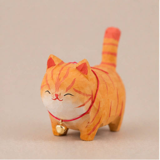 Hand-Carved Wooden Orange Cat Figurine with Bell - Art Department LLC