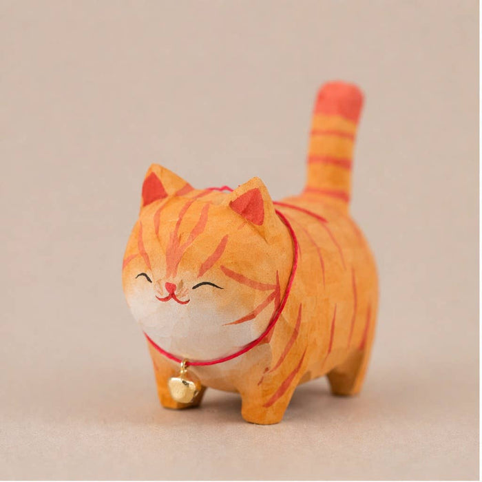 Hand-Carved Wooden Orange Cat Figurine with Bell