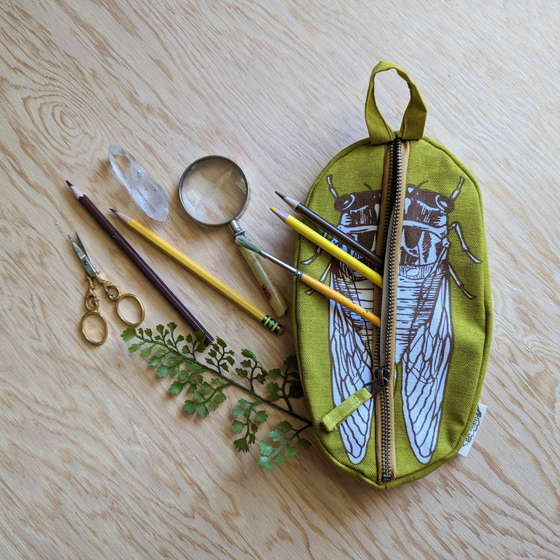 Zippered pouch | cicada - yellow & brown bug/insect pencil, supply, makeup bag with waterproof lining - Art Department LLC