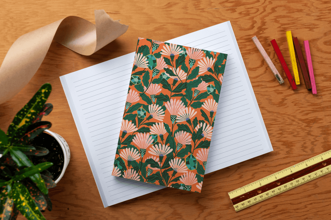 Orange Floral Soft Touch Classic Layflat Notebook - Art Department LLC