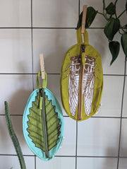 Zippered pouch | cicada - yellow & brown bug/insect pencil, supply, makeup bag with waterproof lining - Art Department LLC