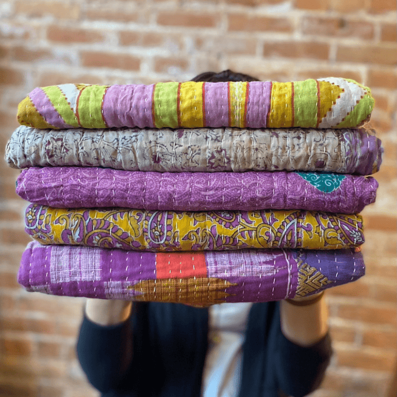 Kantha Throw Blanket Quilt | Recycled Cotton Sari Unique - Art Department LLC