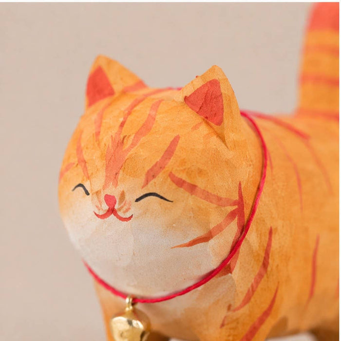 Hand-Carved Wooden Orange Cat Figurine with Bell