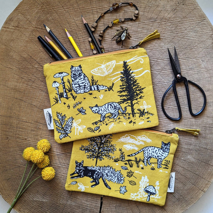outside cats - yellow nature kitty pencil, supply bag with waterproof lining