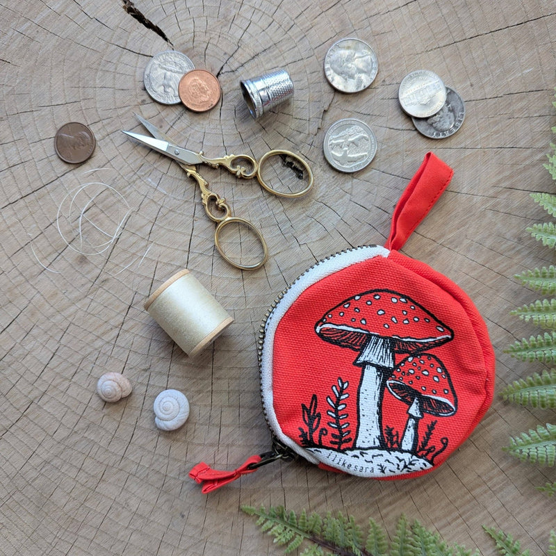 Coin pouch | mushroom - red zipper bag with waterproof lining - Art Department LLC