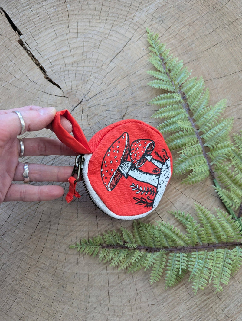 Coin pouch | mushroom - red zipper bag with waterproof lining - Art Department LLC