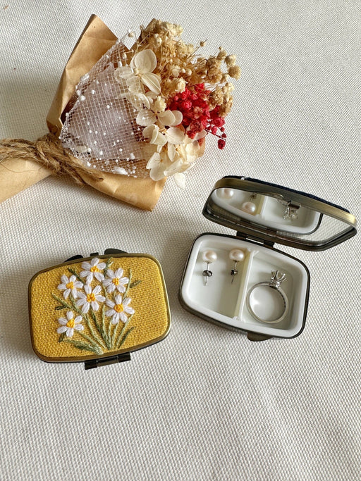 Floral Embroidered Rectangle Mini Jewelry Box With Mirror - Art Department LLC