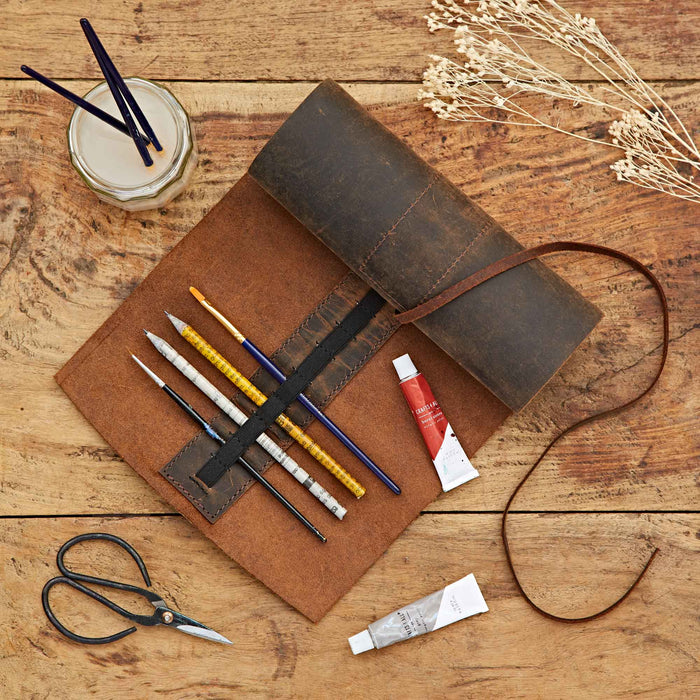 Buffalo Leather Roll Up Pencil Case - Handmade