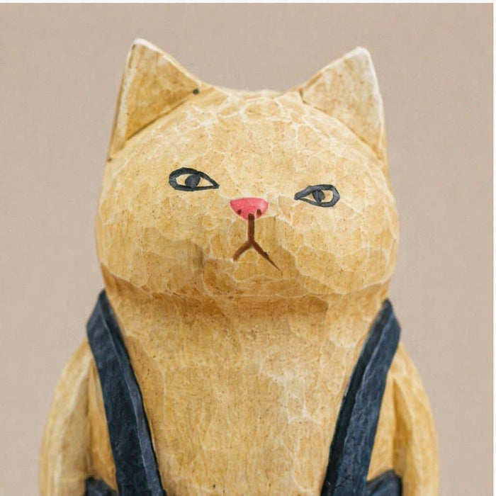 Hand-Carved & Painted Wood Cat Figurine